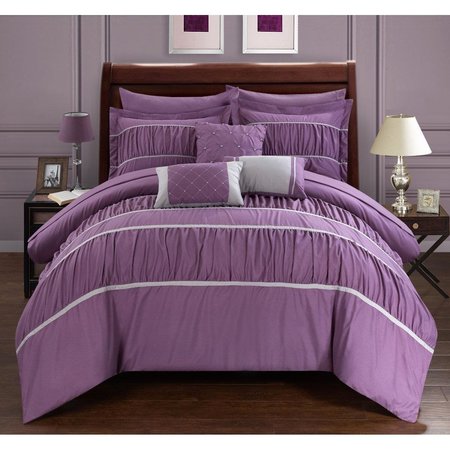FIXTURESFIRST Penelope Pleated & Ruffled Bed in a Bag Comforter Set with Sheets - Plum - Queen - 10 Piece FI2541496